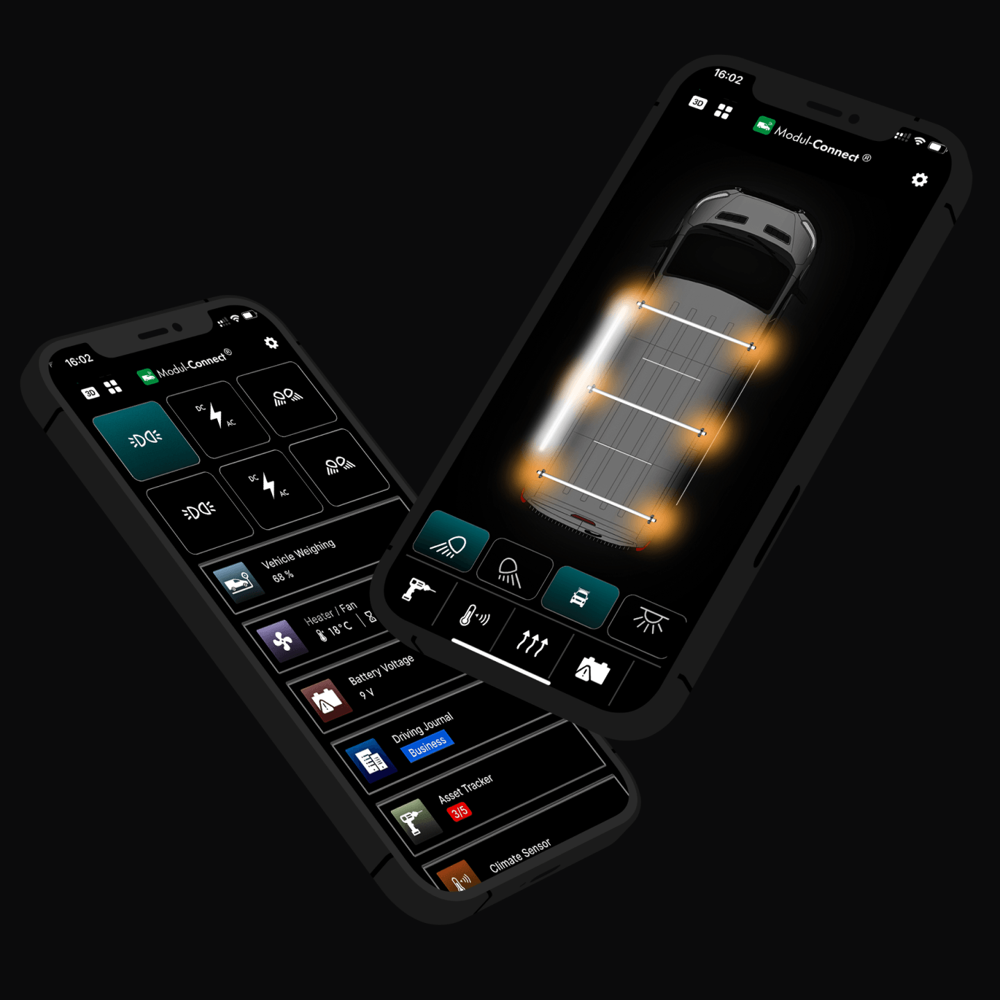 Image showing various Modul-Connect components, including a beacon, display switch panel, e-Power unit, weighing system, Modul-Connect hub, PIR sensor, e-Heater, security system, and e-Inverter.